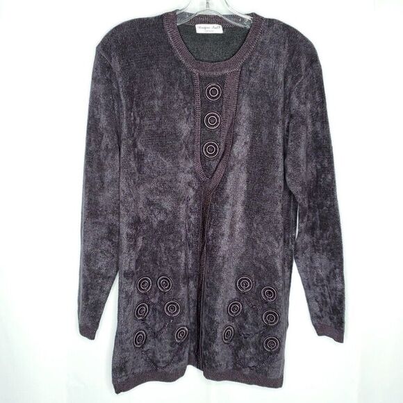 Chenille Sweater L Embroidered Circles Pullover Long Sleeve Dark Gray - Picture 1 of 5